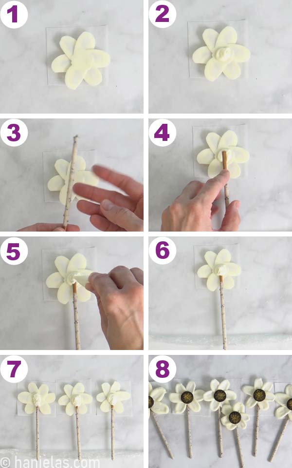 Gluing pocky stick on the back of the flower.
