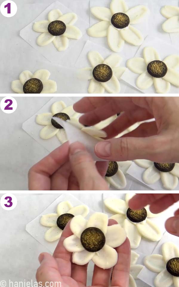 Chocolate flowers on a parchment paper.