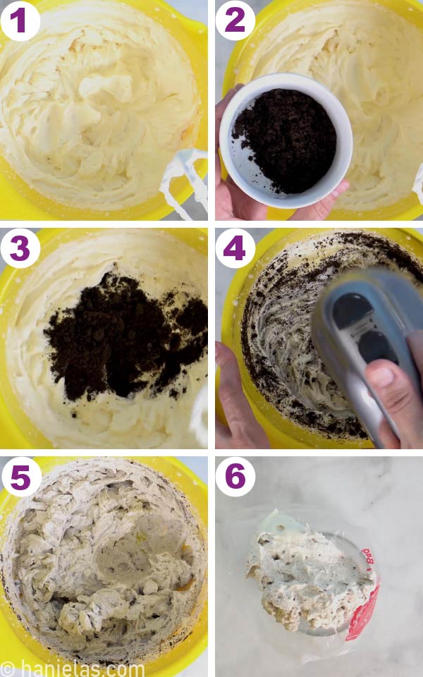 Yellow mixing bowl with whipped cream and dark chocolate cookie crumbs being mixed in with a hand held mixer.
