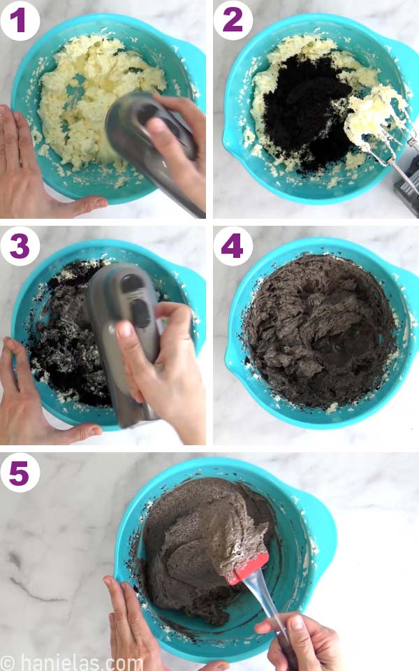 Blue bowl with Swiss buttercream mixed with oreo cookie crumbs.