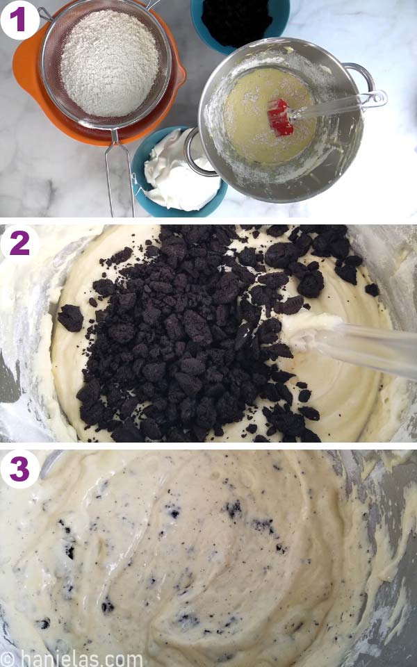 Bowl with sponge cake batter and crushed oreo cookies.