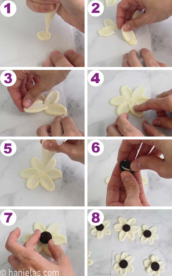 Shaping chocolate petals into a flower on a parchment paper.