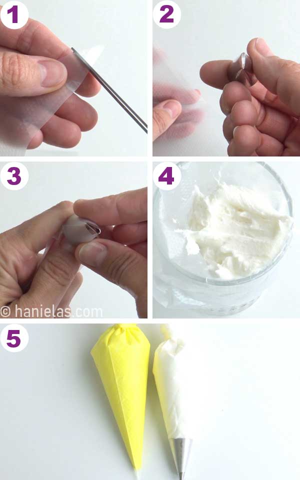 Cutting a tipless piping bag and inserting a petal piping tip inside the bag.