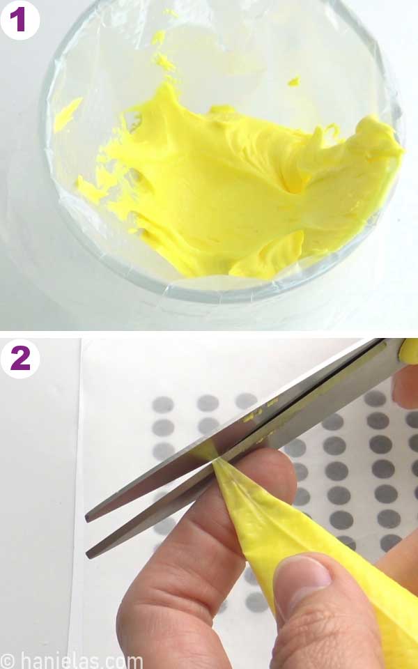 Yellow royal icing in a glass bowl.