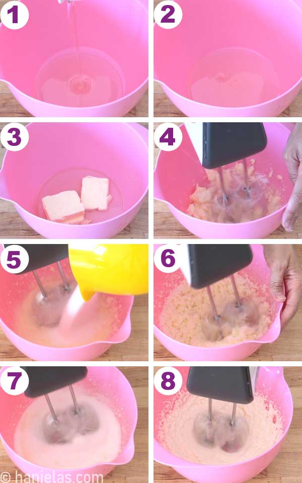 Oil, butter and sugar in a pink bowl. Hand mixer beating them together.