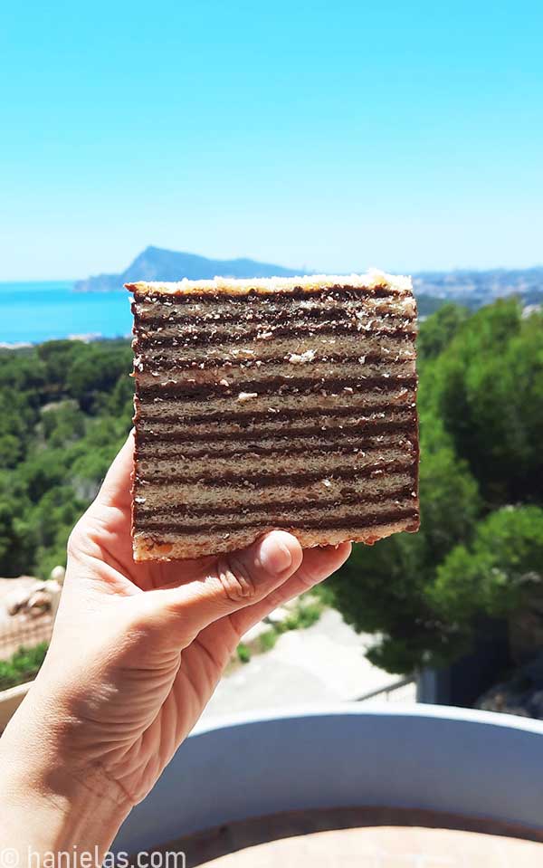 Hand holding a slice of a cake with many cake layers.