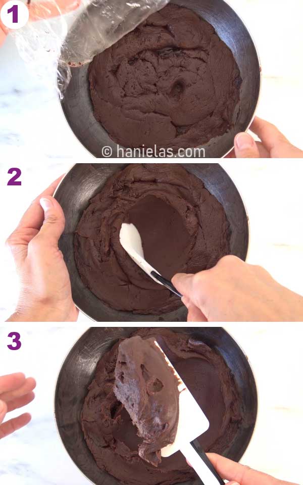 Chocolate custard in a stainless steel bowl.