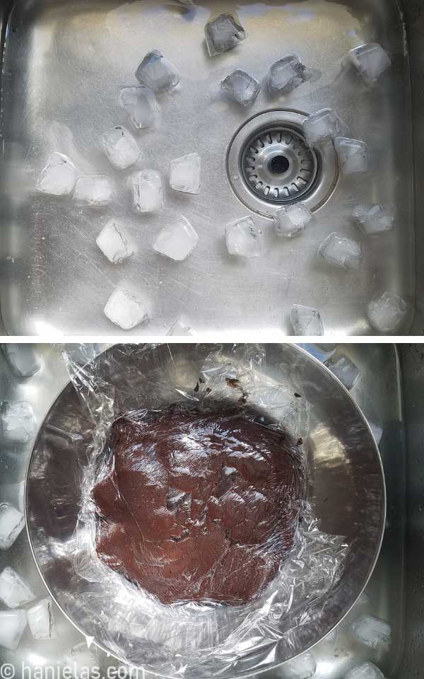 Stainless steel bowl filled with custard covered with food wrap, nested in the sink filled with water and ice cubes.