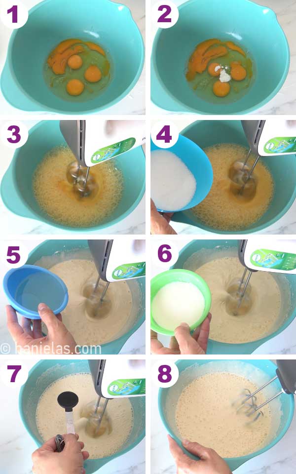 Blue bowl with cake batter being mixed with a handheld mixer.