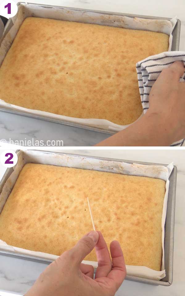 Two hands holding a cake pan with a baked cake.