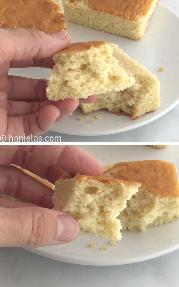 A piece of sponge cake on a white plate.