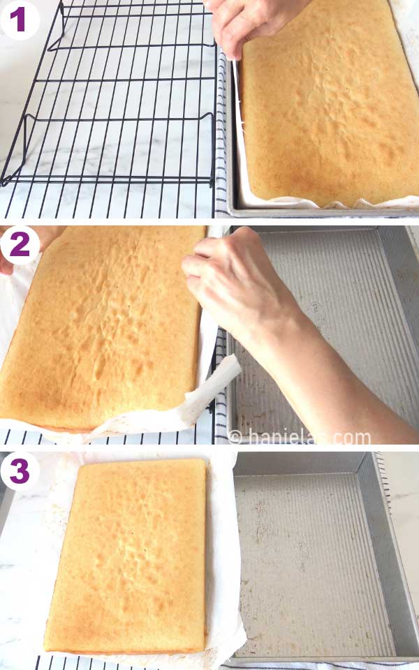 Two hands removing baked cake from a cake pan.