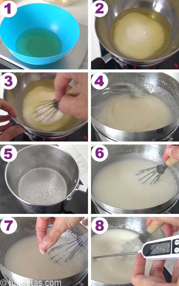 Stainless steel bowl with sugar, egg whites, cream of tartar and salt over a pot with simmering water.