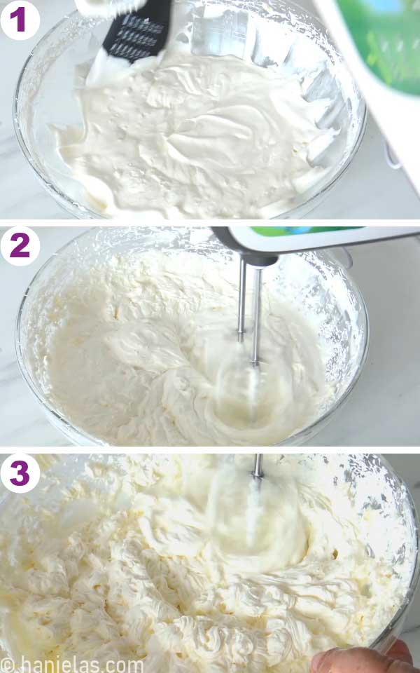 Scrapping down the bowl with buttercream and beating buttercream with handheld mixer.