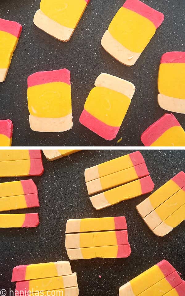 Sliced block of colored cookie dough.