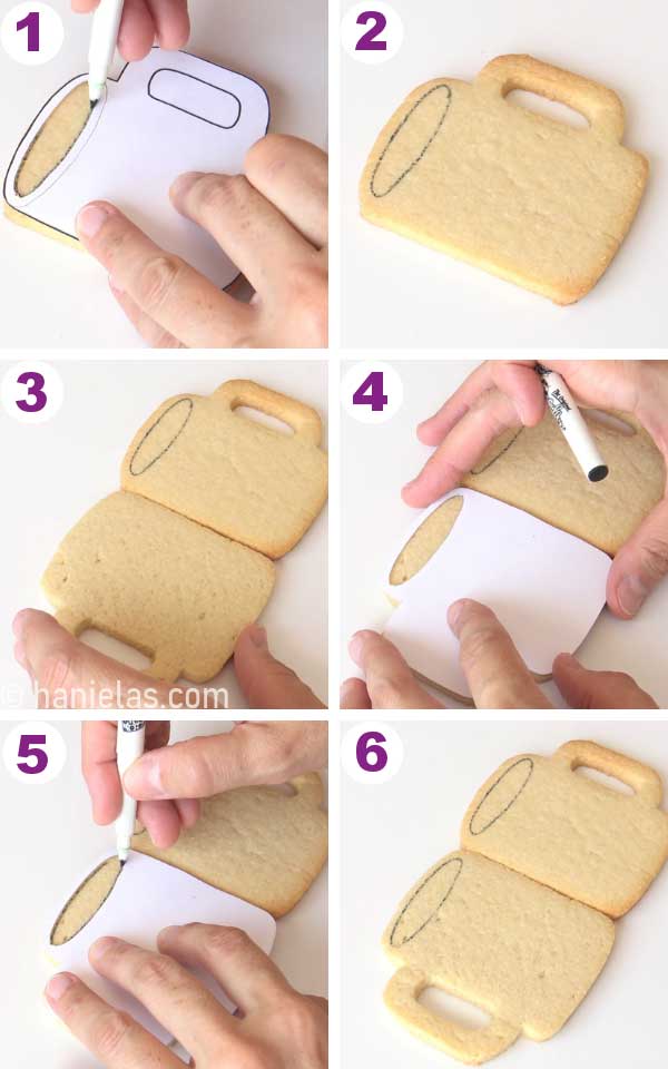 Tracing a outline onto a cookie with edible marker, using a template.