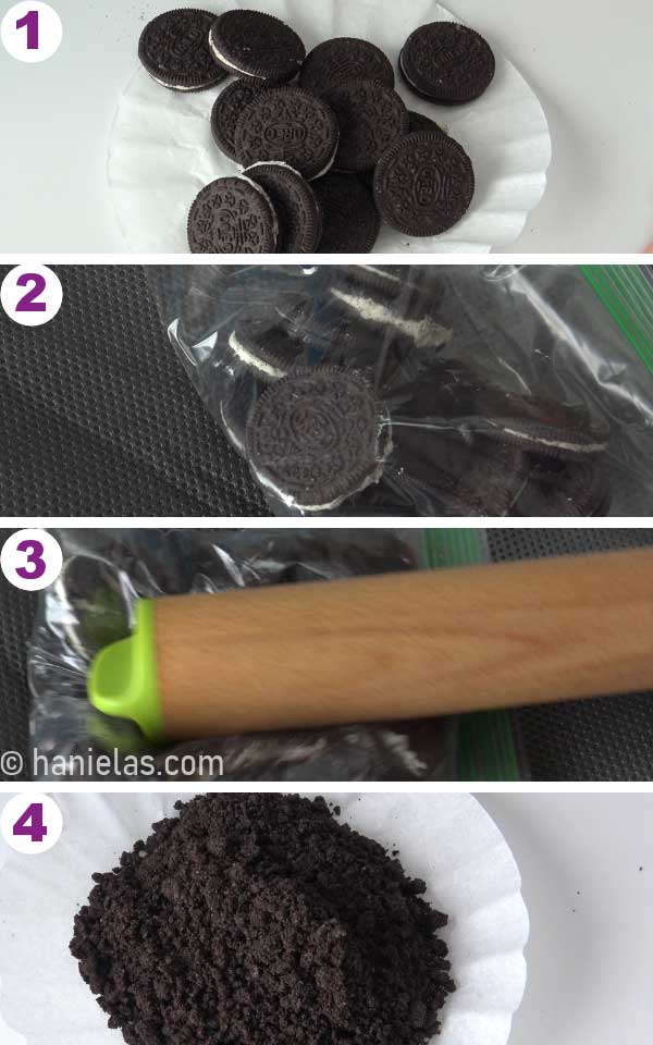 Crushed oreos cookies in a coffee filter.