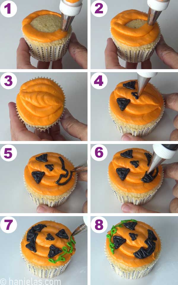 Orange buttercream cupcake that looks like Jack-o-lantern.