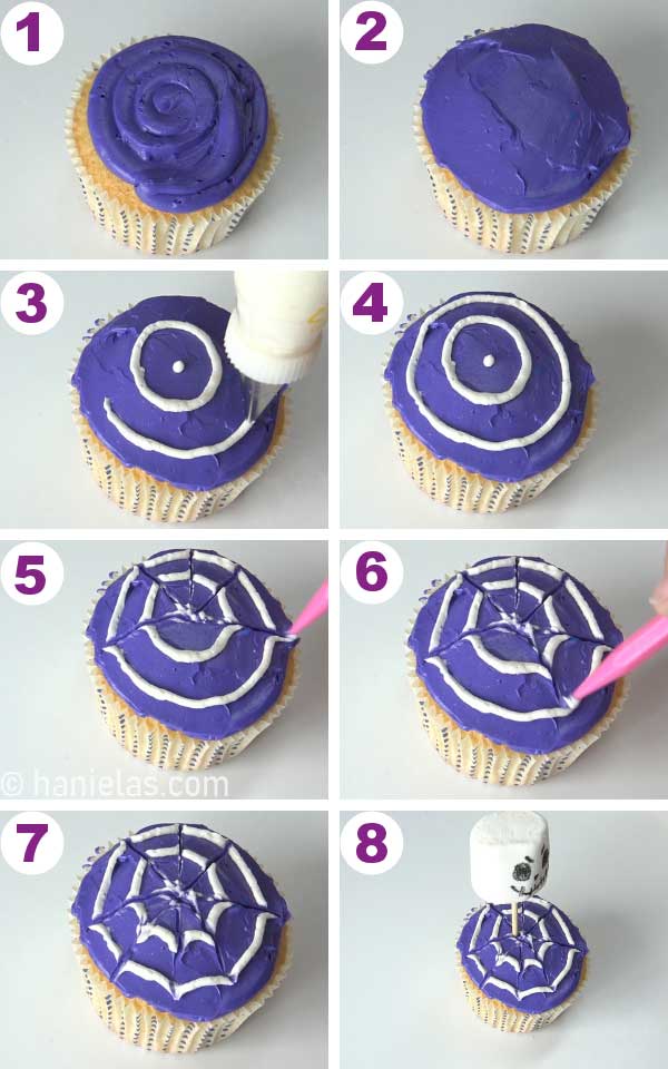 Cupcake decorated with purple buttercream, piped white circles, running a toothpick thru the circles making a spiderweb.