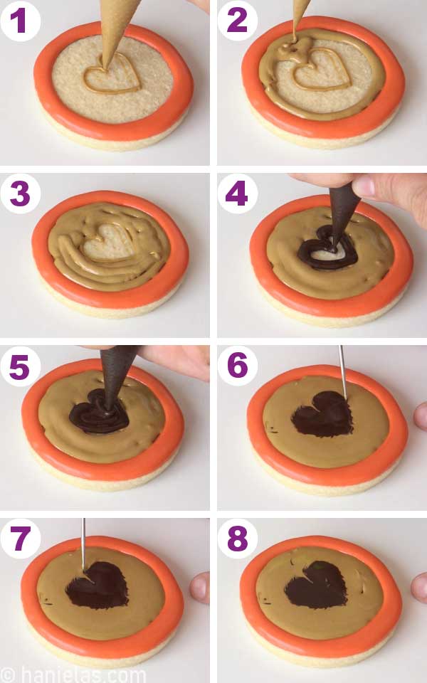 Flooding a round cookie with a heart shape.