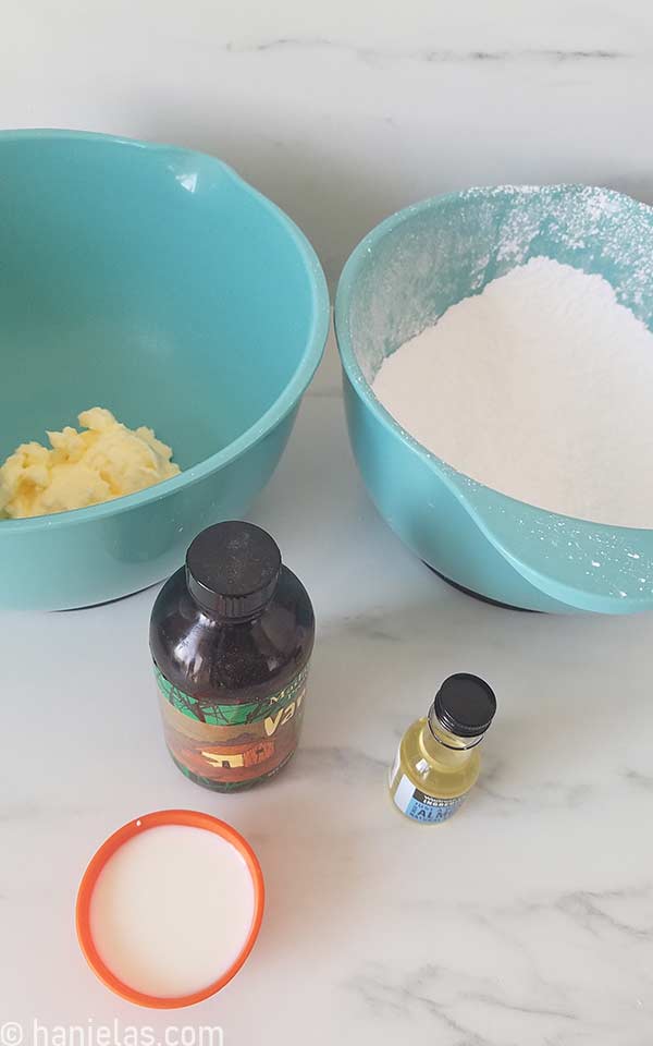 Mixing bowls with ingredients.