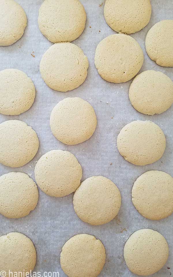 Baked round cookies on a baking sheet lined with parchment paper.