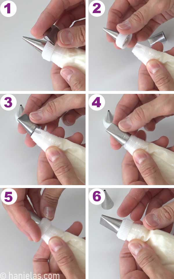 Hand holding a piping tip, replacing a piping tip on a piping bag.