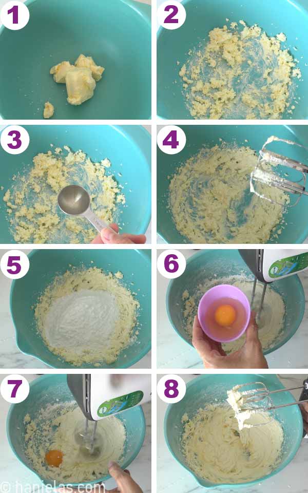 In a blue mixing bowl, beating butter, sugar, egg.
