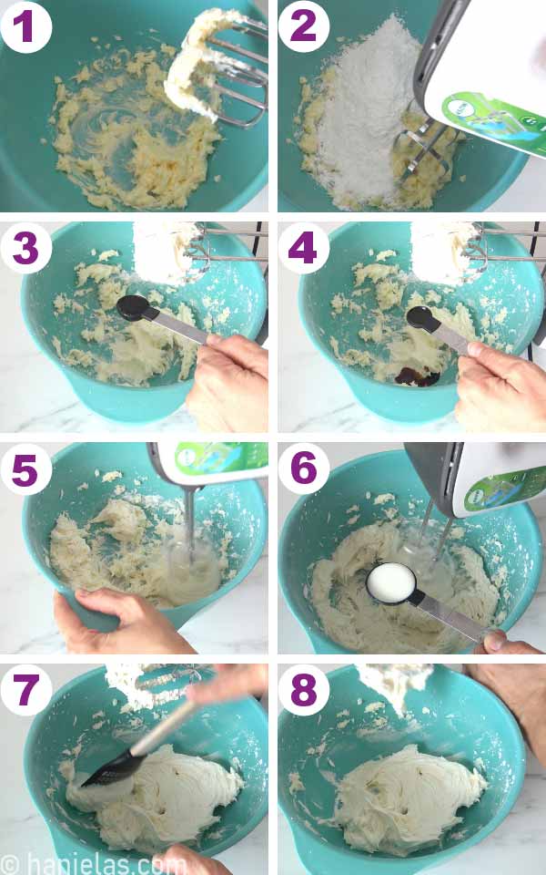 Mixing bowl with creamed butter and sugar.