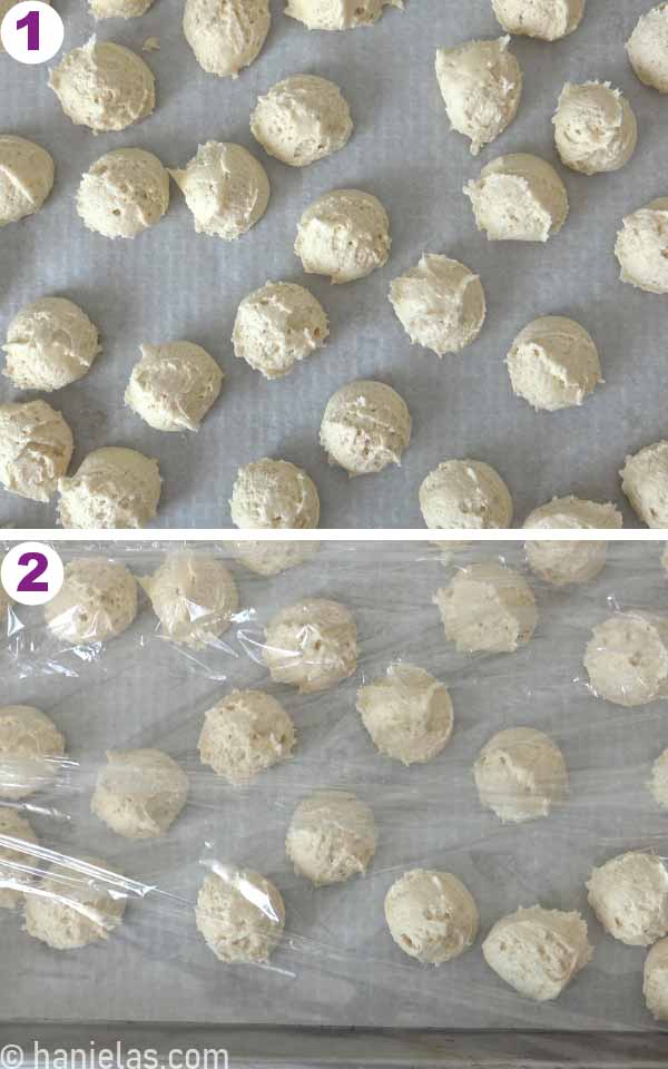 Cookie dough balls on a baking sheet, covered with a food wrap.
