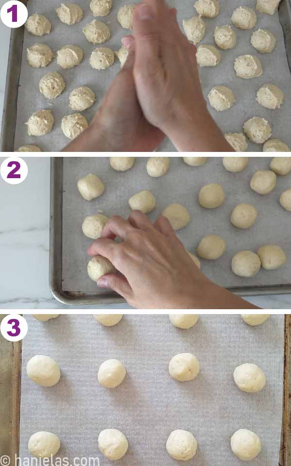 Hand shaping a ball of cookie dough and placing the ball onto a baking sheet lined with parchment.