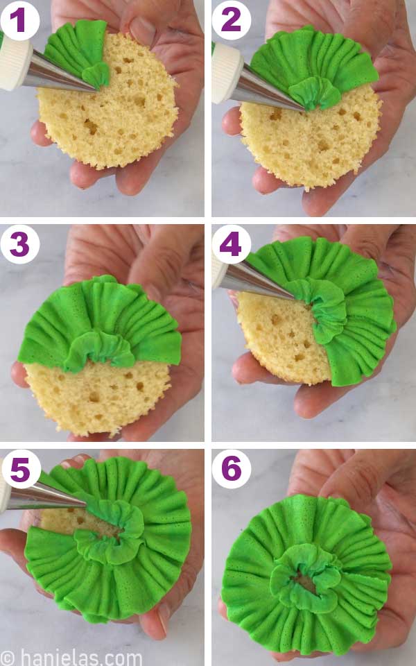Piping green lettuce onto a cupcake with a ruffle piping tip.