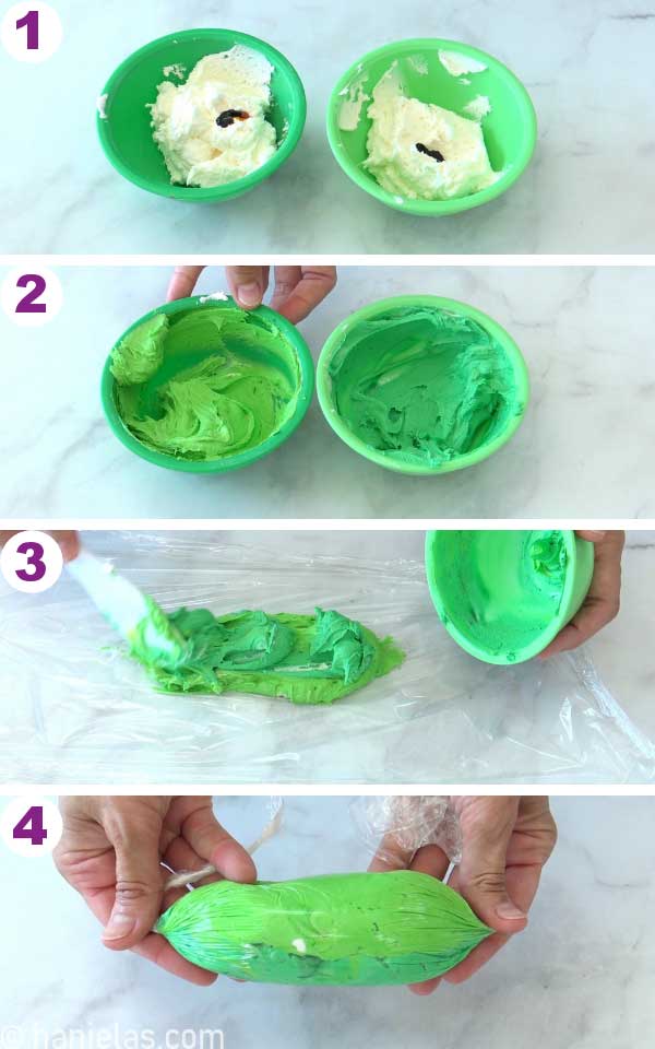 Two bowls with green royal icing.