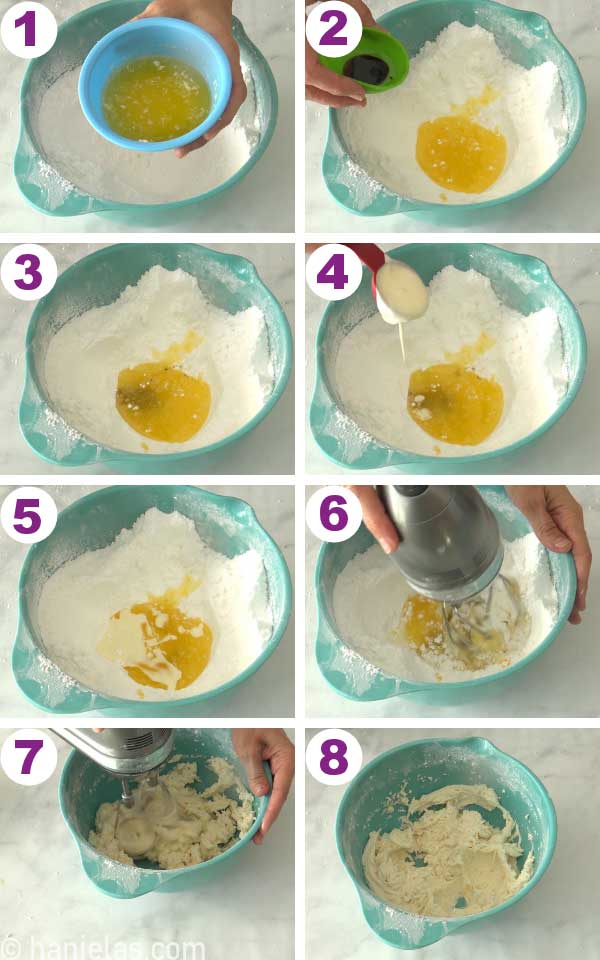 Beating melted butter into powdered sugar with a hand held mixer.