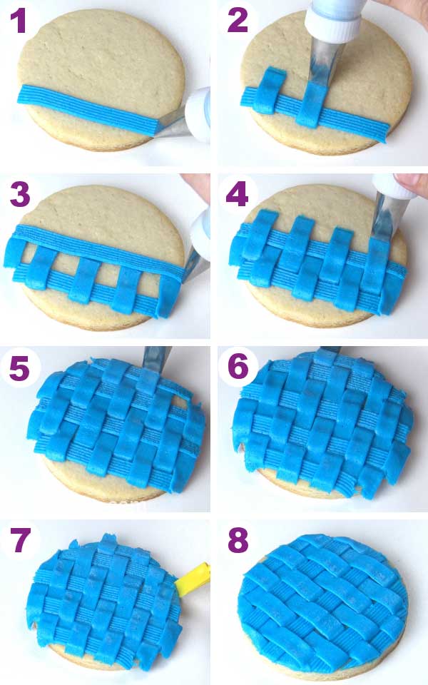 Decorating a round cookie with a basket weave piping tip.