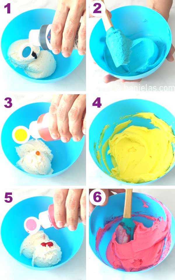 Bowls with colored buttercream.
