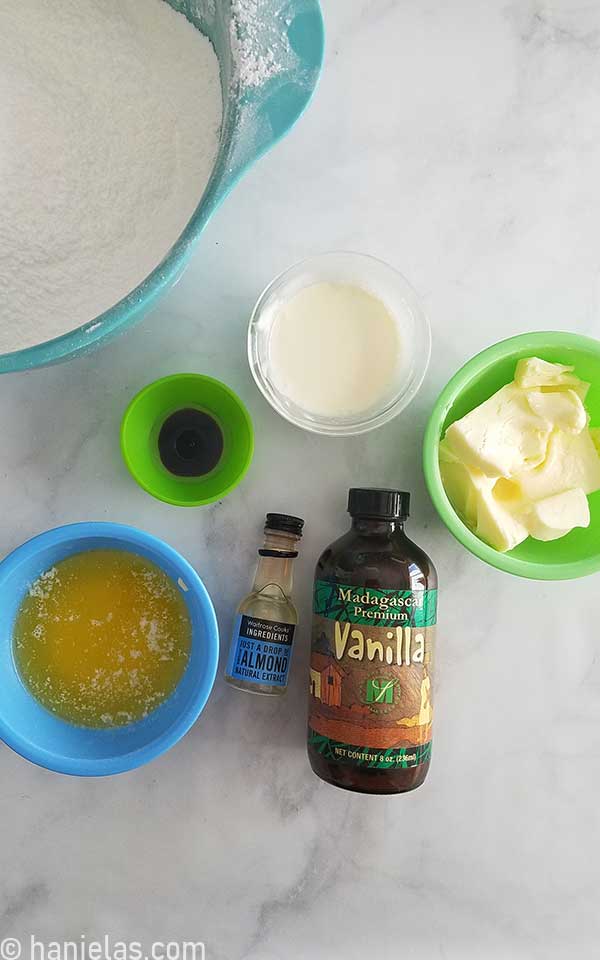 Ingredients for crusting buttercream on a countertop.
