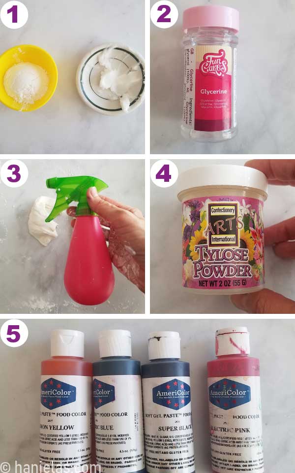 Food coloring bottles, container with tylose, and spray bottle.