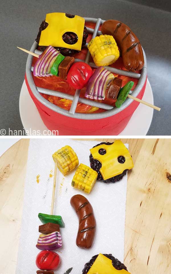 Corn, tomatoes, sausage made from rolled icing.