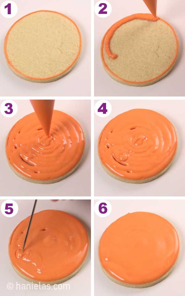 A round cookie, outlining and flooding a cookie with an orange royal icing.