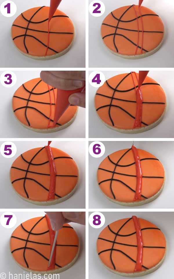 Piping a hoop onto a basketball cookie.
