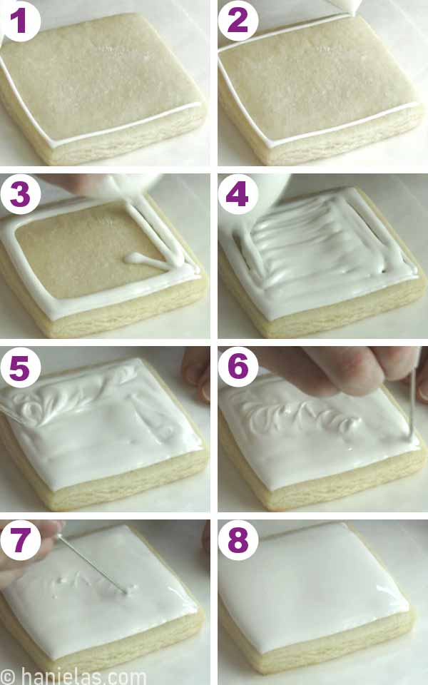 Outlining a flooding a square cookie with white royal icing.