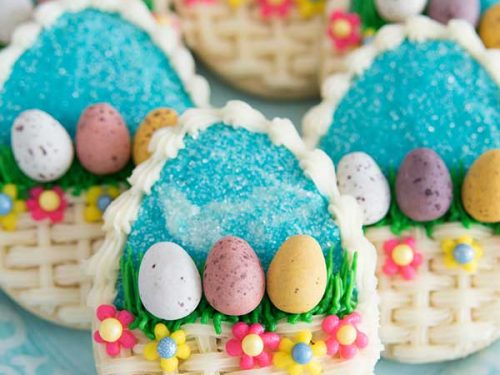 Buttercream decorated Easter egg cookies.