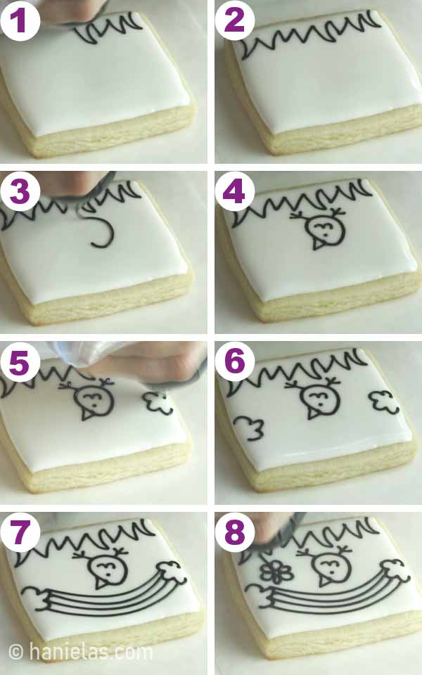 Square cookie flooded with white icing, piping black outlines for the grass, chick, rainbow and a flower.