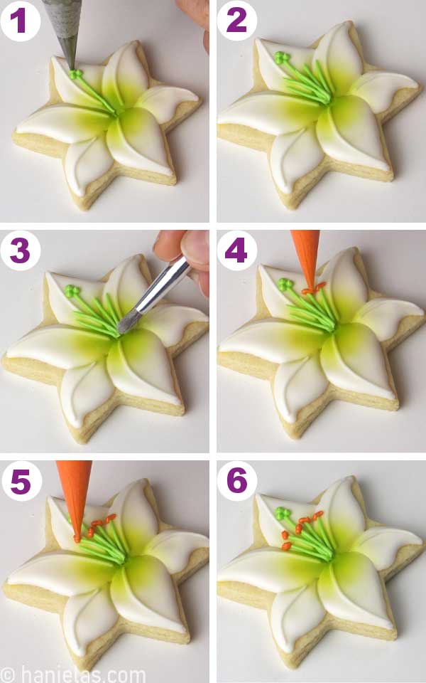 Piping stamens on a flower cookie.