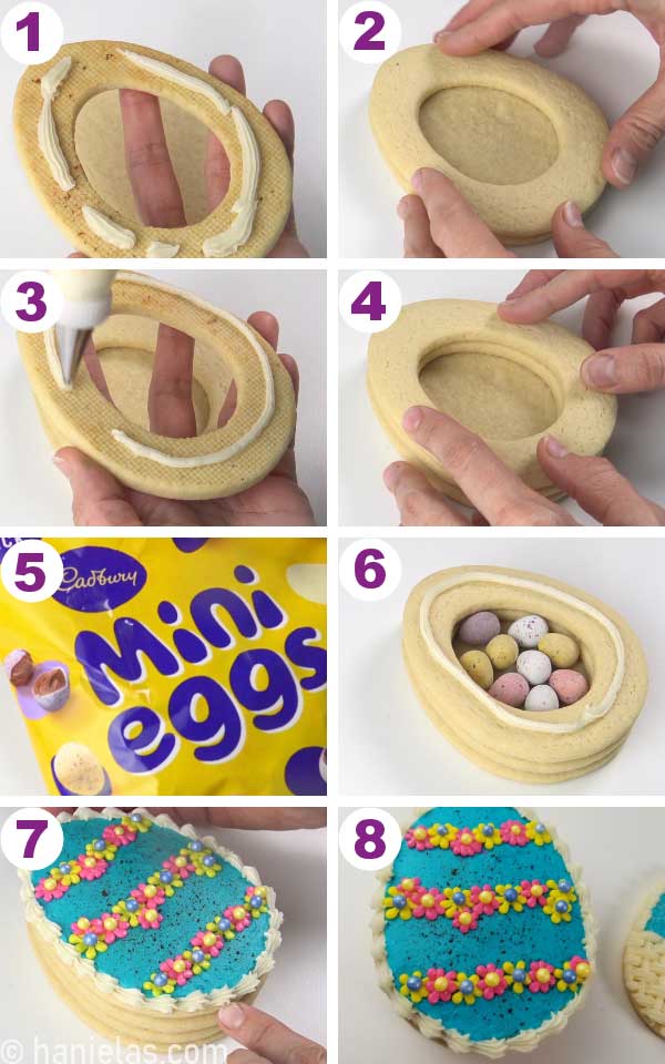 Gluing pinata cookies together and filling pinata cookie with chocolate egg candies.