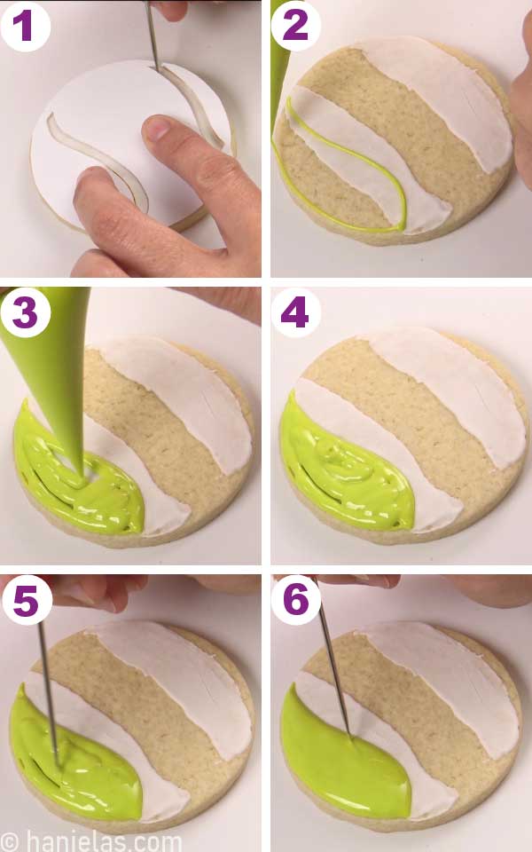 Outlining and flooding a section of the cookie with lime green royal icing.