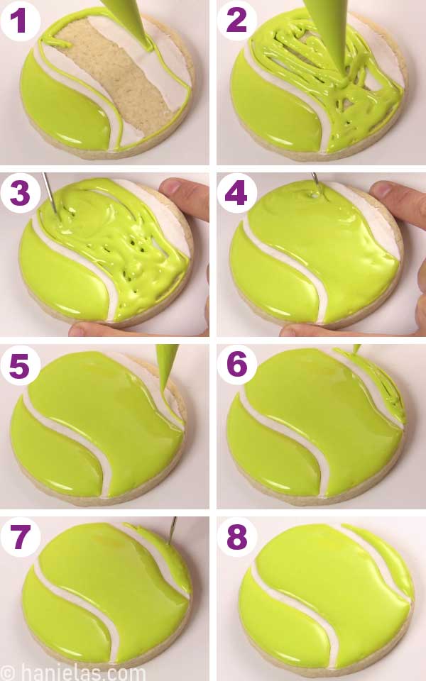 A round cookie decorated with lime green royal icing.
