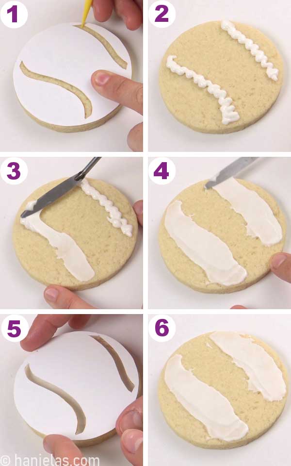 Spreading a thin layer of white royal icing onto round cookie.