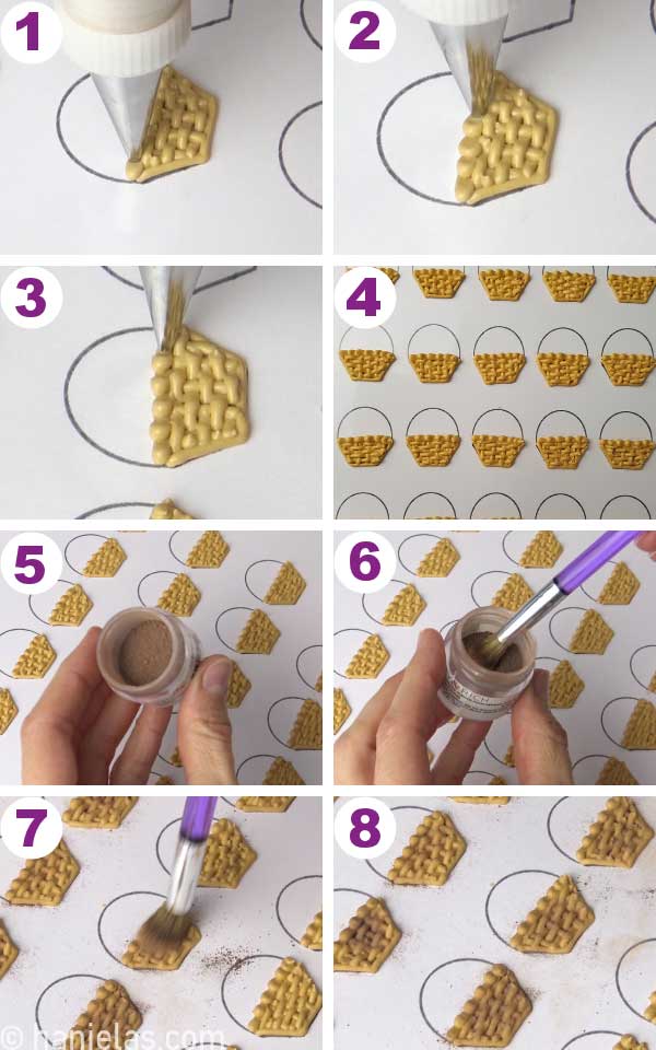 Brushing dry royal icing baskets with brown petal dust.